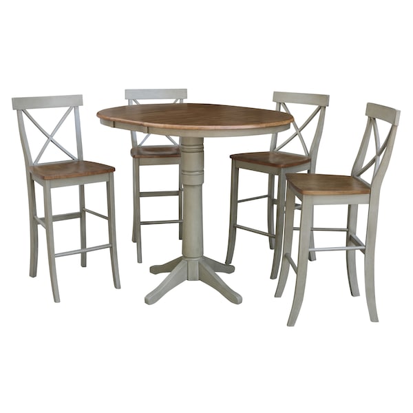 International Concepts Round 36 in Rd Extension Dining Table, 4 X-back Bar Height Stools, Hickory/Stone, 36 W, 48 L, Wood K41-36RXT-27B-S6133-4 - main